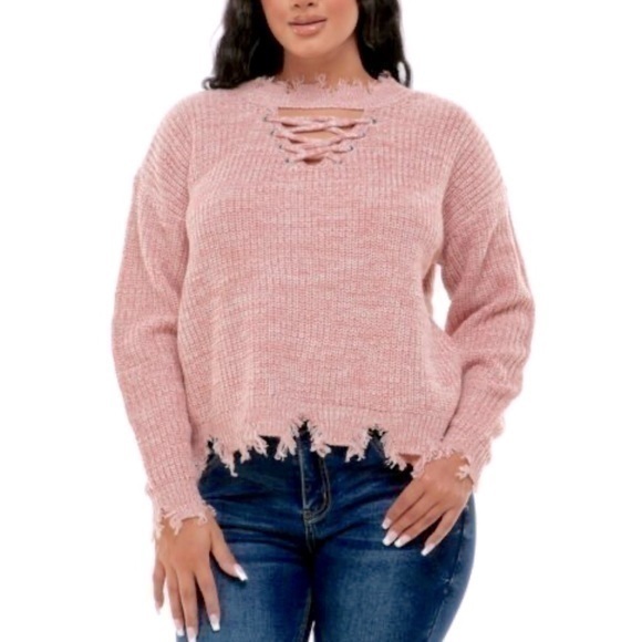 Planet Gold Sweaters - Pink Distressed Lace up Sweater M